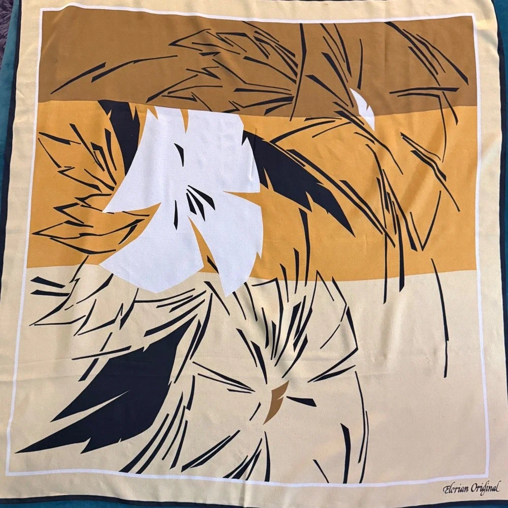 Elorian Original Vintage Italian Polyester Scarf Abstract Floral Tan Brown Black